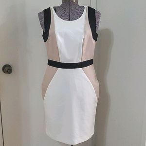 EUC 10 Calvin Klein Colorblock Dress white tan and black with gold zipper detail